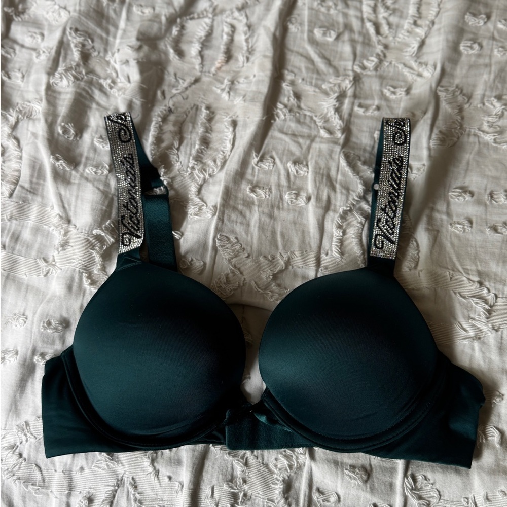 Victoria's Secret Dark Green Push-Up Bra with Embellished Rhinestone Straps